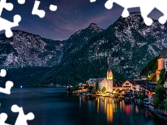 Mountains, Austria, Salzburg Slate Alps, Hallstattersee Lake, Church, Night, illuminated, Houses, Town Hallstatt