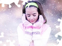 girl, Band, snow, glove
