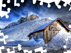 winter, cottage, snow, Mountains