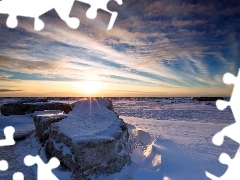 snow, winter, sun, Stones rocks, west