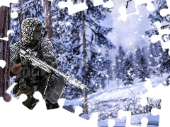 soldier, sniper, snow, trees, forest, Battlefield 4, game, winter