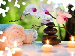 Stones, orchids, Spa, composition, Towels, Candles
