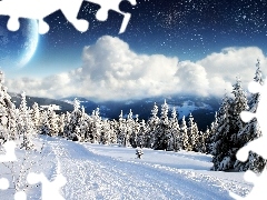 clouds, Snowy, Spruces, Planet