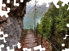 Stairs, descent, lake, Rocks, Mountains