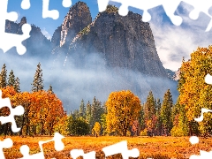 California, The United States, Yosemite National Park, rocks, viewes, Mountains, Fog, trees, autumn