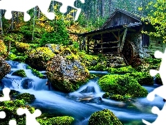 Stones, forest, water, River, Windmill