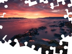 Stones, Sunrise, Lake Tyrifjorden, coast, Norway