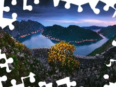 Bay of Kotor, Mountains, River, Montenegro, Stones, VEGETATION, Night, light, trees
