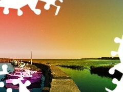 sun, lake, motorboat, west, Harbour