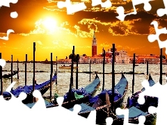 west, buildings, Venice, clouds, Gondolas, sun, panorama