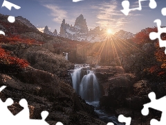 cascade, Patagonia, Fitz Roy, VEGETATION, rays of the Sun, Argentina, mountains, rocks, autumn, River