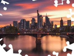 Frankfurt am Main, River Men, Great Sunsets, evening, bridge, skyscrapers, Germany