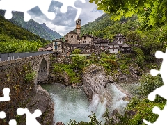 Verzasca River, bridge, viewes, Ticino Canton, Houses, Mountains, trees, Switzerland, Lavertezzo, rocks