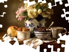 tea, Cookies, plastics, flowers, bouquet