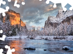 Yosemite National Park, winter, River, Mountains, viewes, State of California, The United States, trees