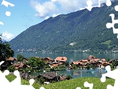 Town, Iseltwald, woods, lake, Mountains