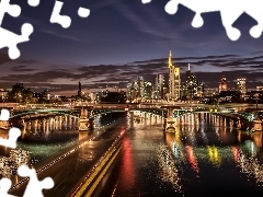 River, Germany, Town, Night, bridge, Frankfurt