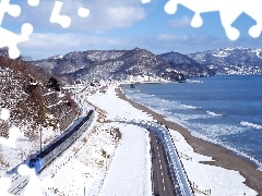 Train, winter, Mountains, Way, River