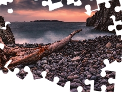 Great Sunsets, Japanese Sea, rocks, Stones, Seaside, Russia, trees, viewes, Lod on the beach