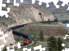 trees, viewes, River, Train, Mountains