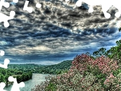 trees, viewes, storm, clouds, River
