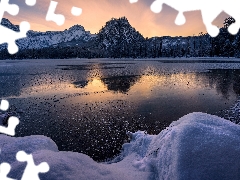 trees, Almsee Lake, Great Sunsets, Mountains, winter, viewes, Austria