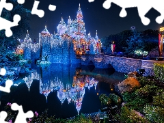 Night, California, Disneyland, Pond - car, Floodlit, The United States, Anaheim, reflection, bridge, Sleeping Beauty Castle