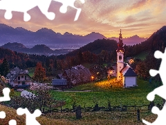 Floodlit, Mountains, Houses, Valley, Slovenia, Church, fence
