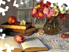 Vase, tablecloth, bouquet, flowers, Books