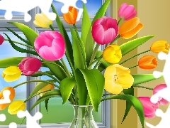 vase, Window, Tulips, glass, color