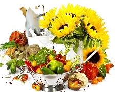 cucumbers, Nice sunflowers, pepper, composition, tomatoes, Bowl of Vegetables