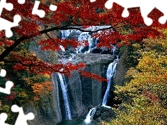 viewes, autumn, rocks, trees, waterfall