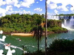 boats, waterfalls, viewes, clouds, trees, Iguazu