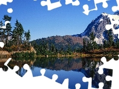 Mountains, lake, viewes, Conifers, trees, Snowy