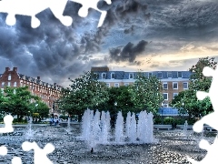 viewes, Sky, buildings, trees, fountain