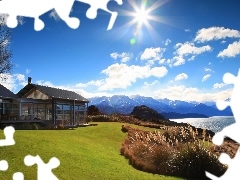 Wanaka, New Zeland, lake, Mountains, house