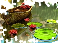 water, Boat, lilies
