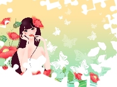 Flowers, girl, White, butterflies, lipstick, Red