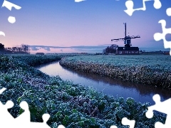 field, Windmill, White frost, River