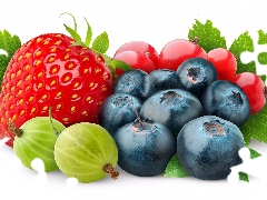 blueberries, Fruits, gooseberry, White Background, Strawberry, Redcurrant