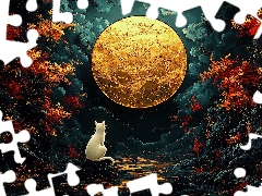 White, graphics, cat, Night, viewes, Plants, moon, trees, forest