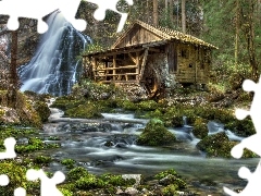 Windmill, forest, River, Stones, waterfall