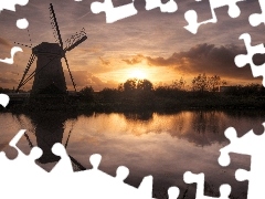 west, lake, Windmill, sun