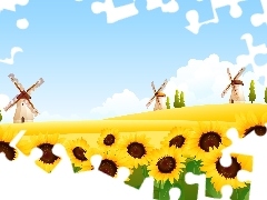 landscape, Nice sunflowers, Windmills, Field
