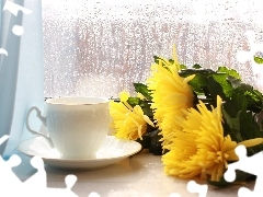 bouquet, cup, Window, Rain, flowers, tea