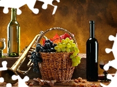 basket, trumpet, Wine, grapes