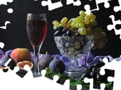 plateau, Grapes, wine glass, Fruits