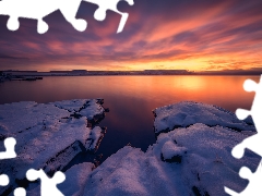 winter, Lake Tyrifjorden, clouds, Stones, Norway, snow, Great Sunsets
