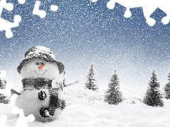 Snowman, snow, winter, Spruces