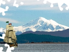 woods, Canada, lake, Mountains, sailing vessel